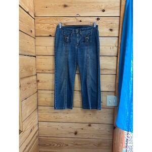 Vintage Super Low Rise Women Blue Denim Capri Jeans Buckle Pocket Cropped Size 7
